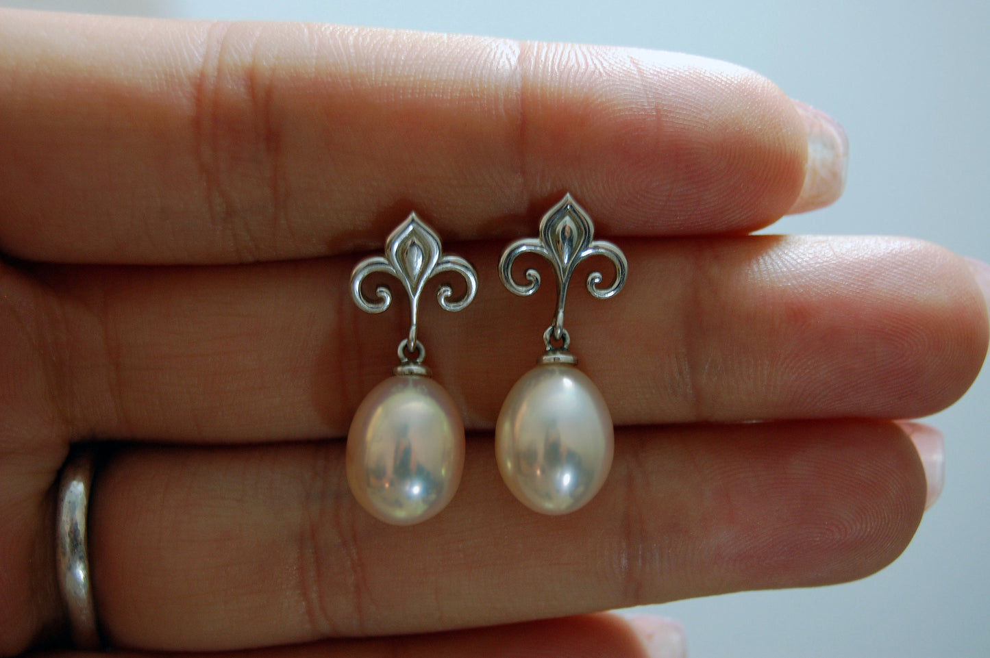 Hanae -  Fleur de Lis Continuum® Sterling Silver Pearl Dangle Earrings FREE SHIP USA