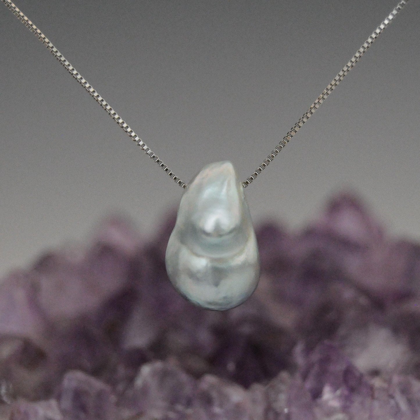 Tammy - Floating South Sea Pearl Pendant Necklace in Blue/Gray set on Solid Sterling Silver Rhodium Plated Chain for Ease of Care.