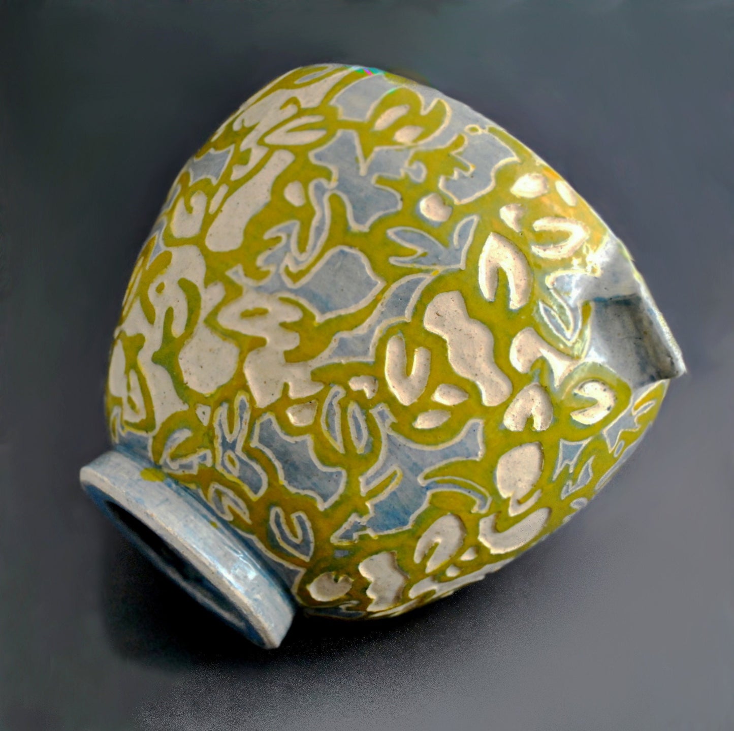 Shade Patterns - Ceramic Bowl hand carved with leaf patterns in blue and yellow.Food safe. FREE SHIPPING US.