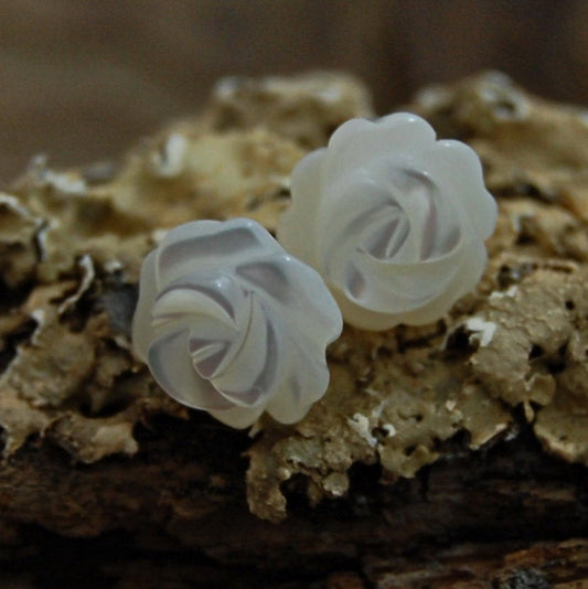 Marie - Mother of Pearl Rose Stud Earrings Hand Carved Vintage 14k Gold