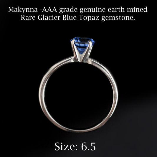 Makynna - Bright and Beautiful Blue Topaz Solitaire Ring Set in Solid Sterling Silver, Rhodium Plated for Ease of Care. Free Shipping in US.