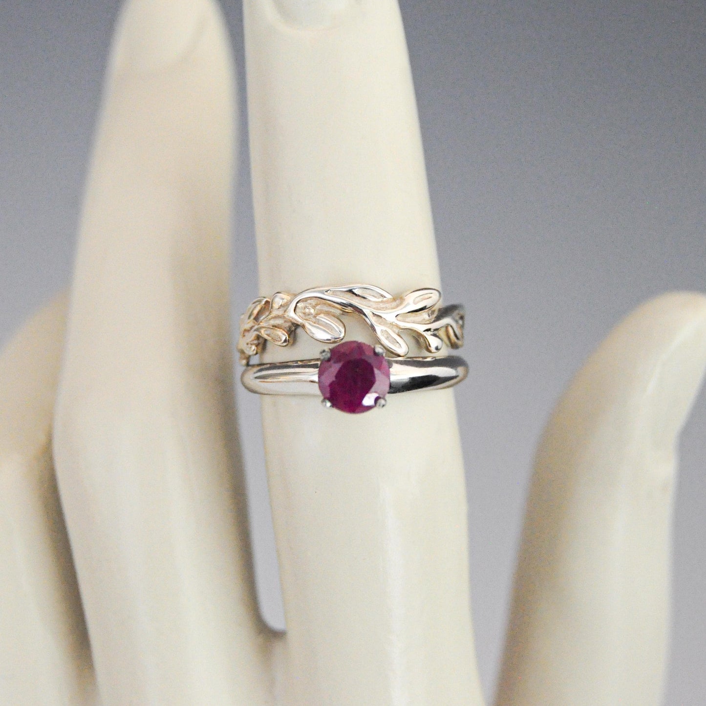Corazon - Ruby Ring Set in Solid Argentium® Silver, Rhodium Plated for Ease of Care. Free Shipping US.