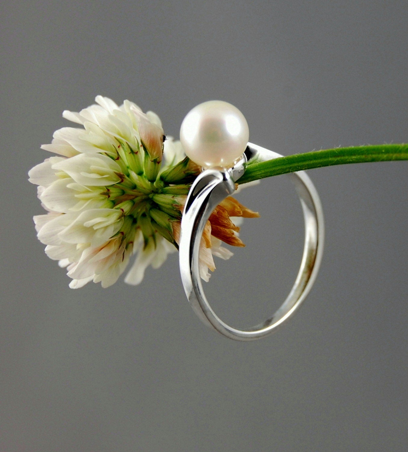 Devika CW - Akoya Pearl Engagement Ring, Promise or Wedding Ring in a Solid Continuum Silver, FREE SHIP