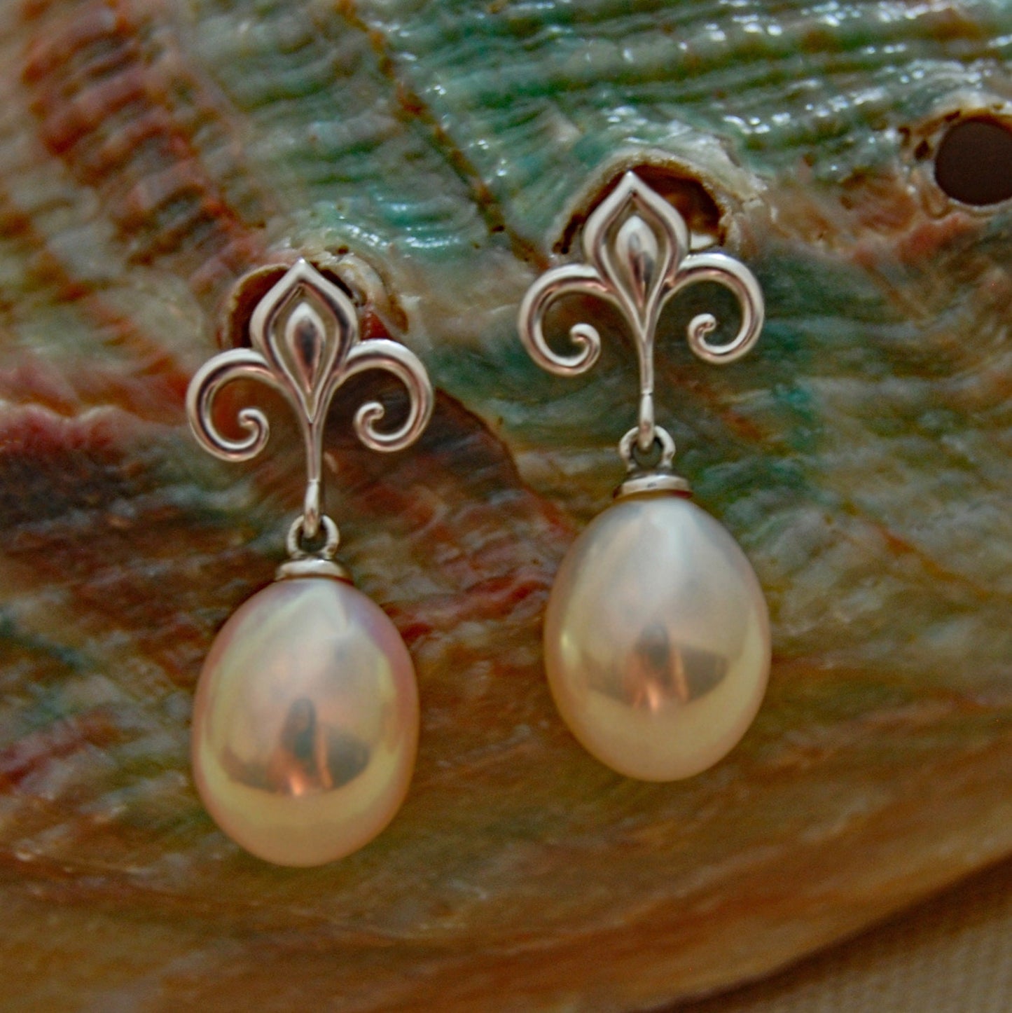 Hanae -  Fleur de Lis Continuum® Sterling Silver Pearl Dangle Earrings FREE SHIP USA