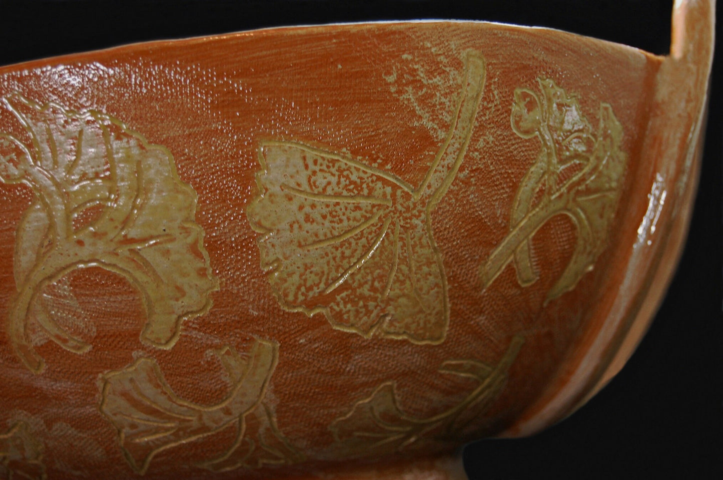 Provencal Ginkgo - Large handmade bowl with sgraffito drawings and added strap handles with a Ginkgo leaf motif. Free shipping US.