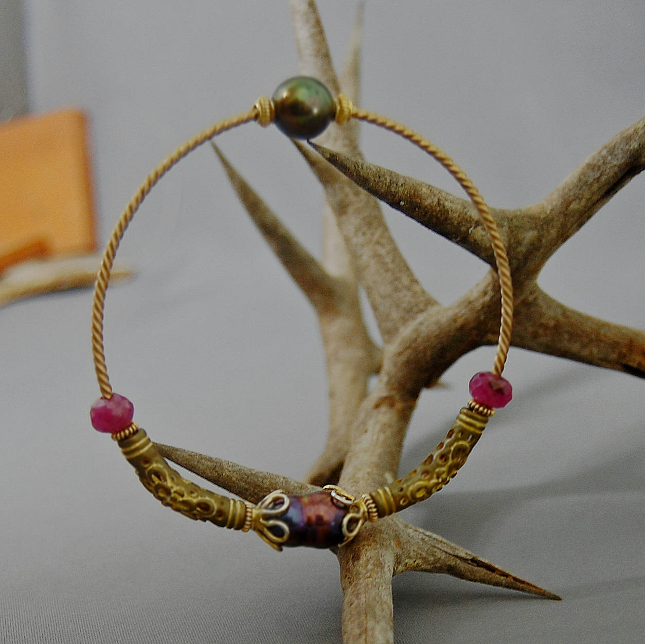 Elspeth - Vintage Pearl Sapphire Bronze Bangle, Peacock Pearls, Pink Sapphires, FREE SHIPPING US