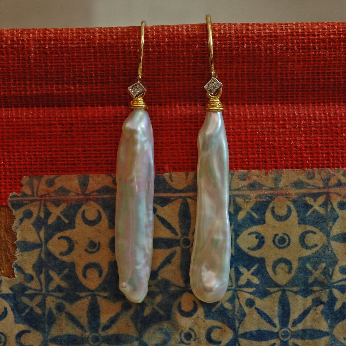 Lusca - Pearl Stick Drop Bridal Earrings Solid 14k Gold Diamond Accents FREE SHIPPING US