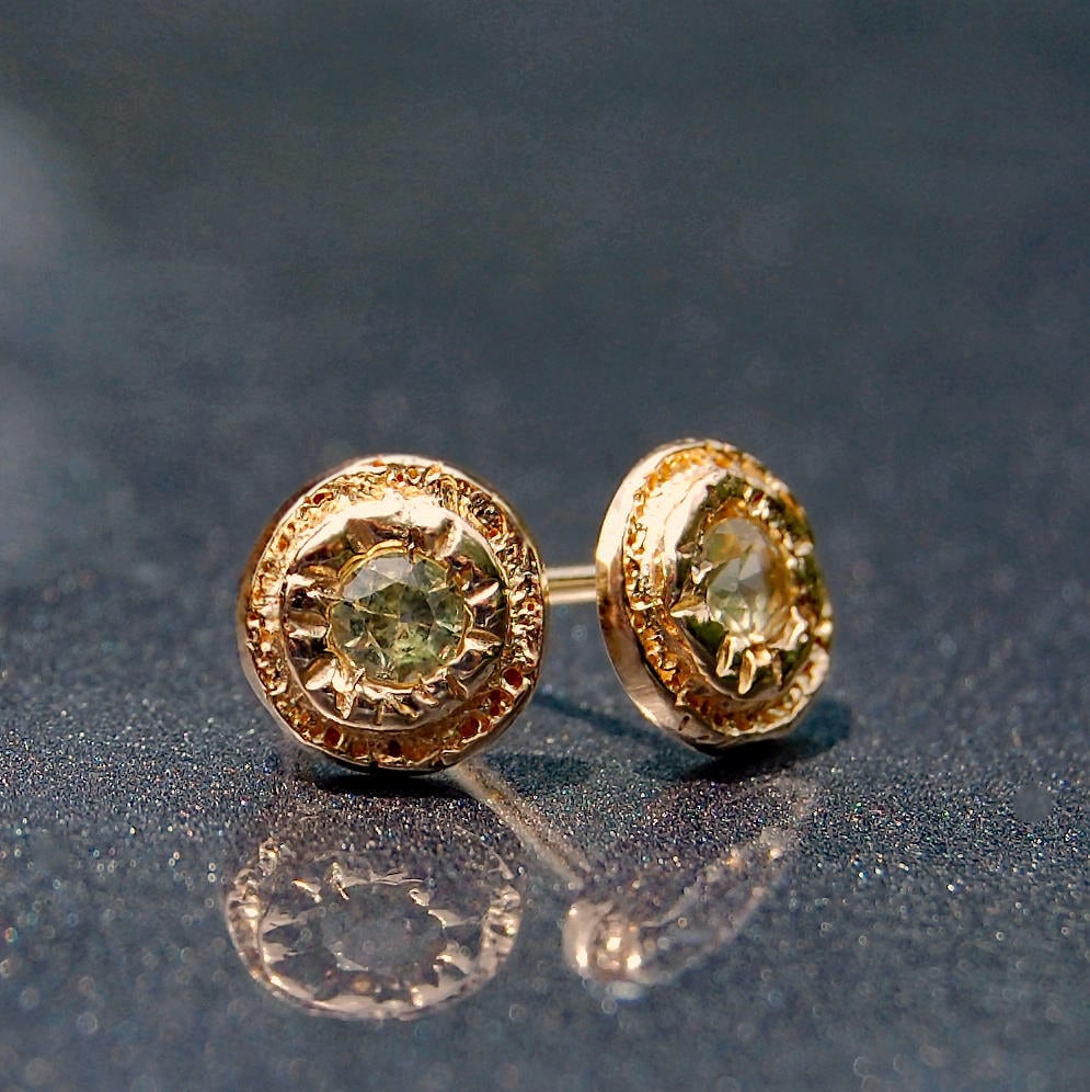 Beril - Sapphire Button Stud Earrings in Solid 14k Gold, Free Shipping US.
