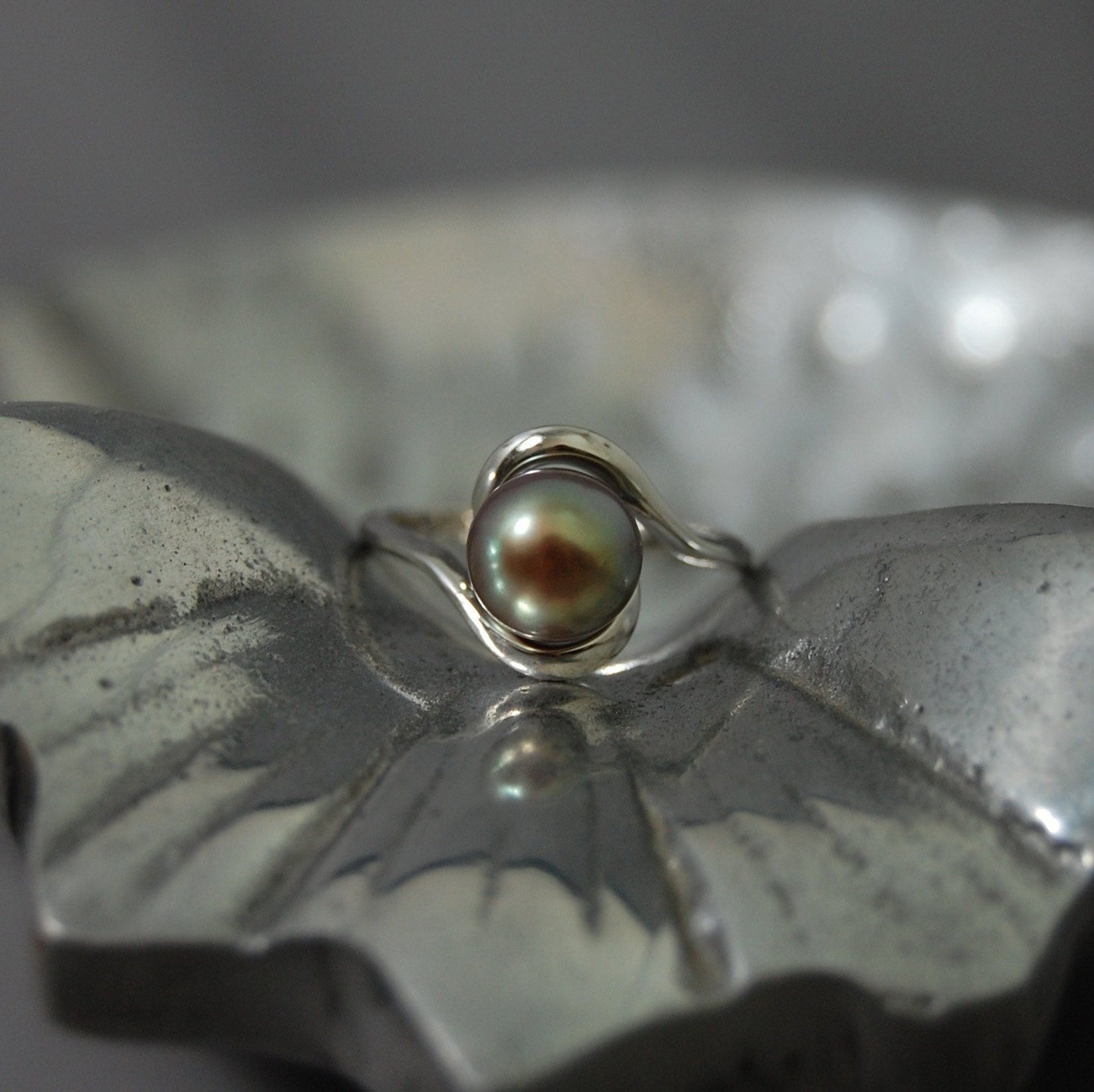 Lakshmi - Freshwater Pearl Engagement or Stacking Ring Set in Solid Sterling Silver. Rare Natural Pewter Gray Color. FREE SHIPPING US