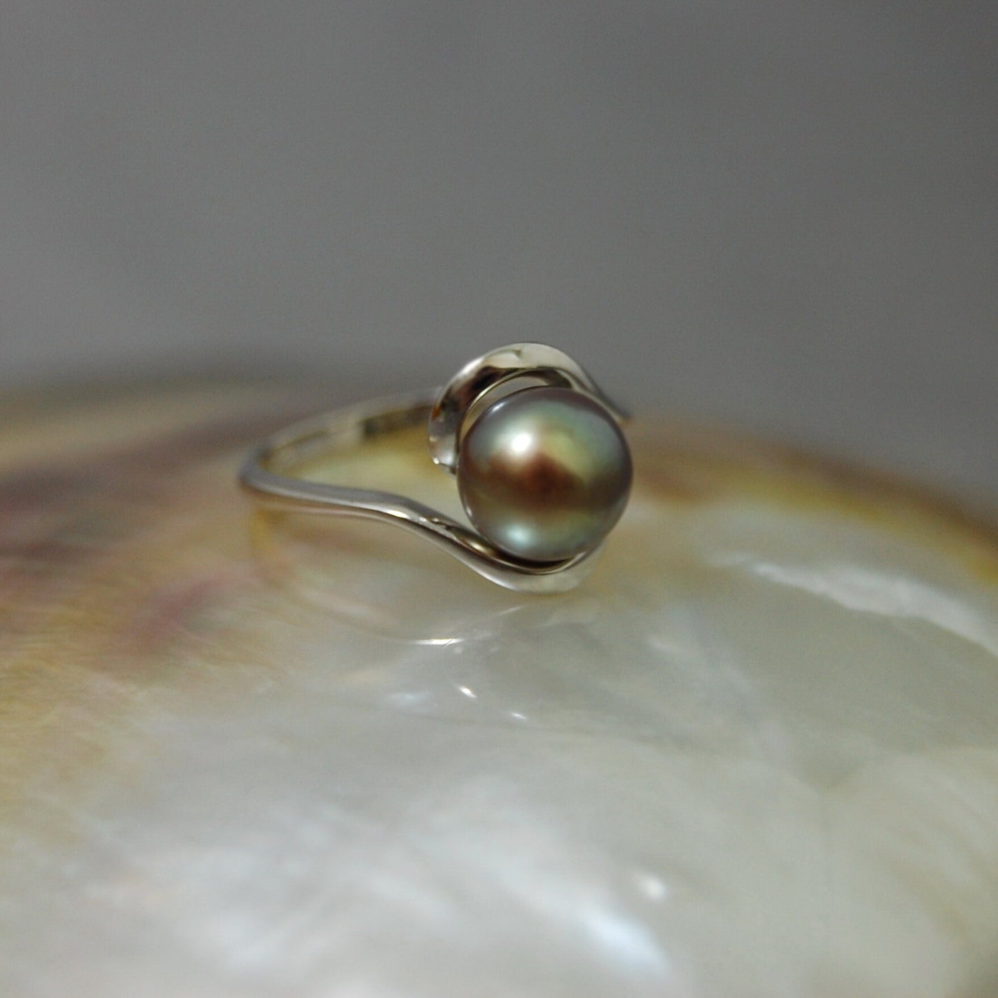 Lakshmi - Freshwater Pearl Engagement or Stacking Ring Set in Solid Sterling Silver. Rare Natural Pewter Gray Color. FREE SHIPPING US