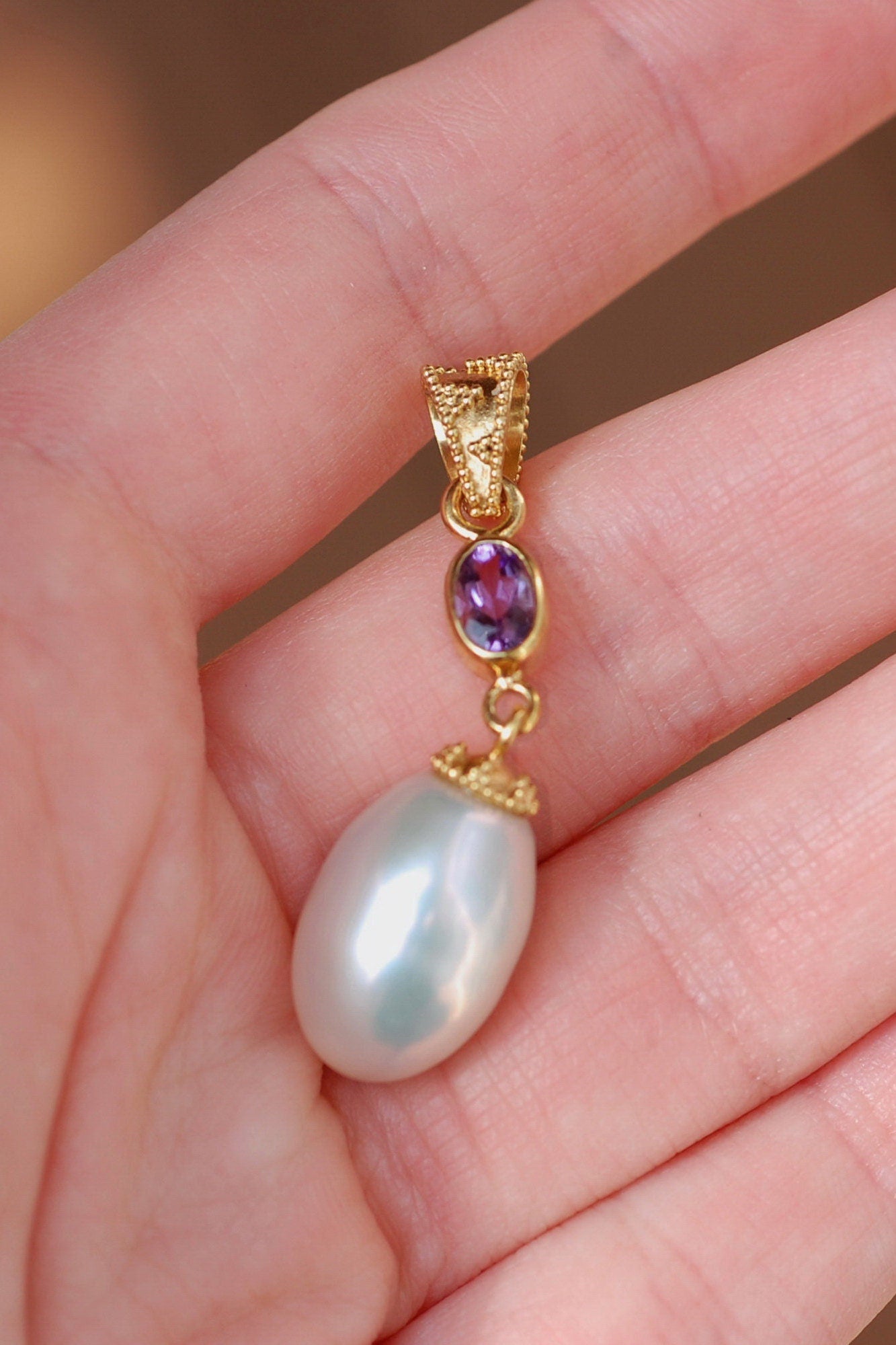 Aaloka - Rose de France & Pearl Pendant Gold Vermeil