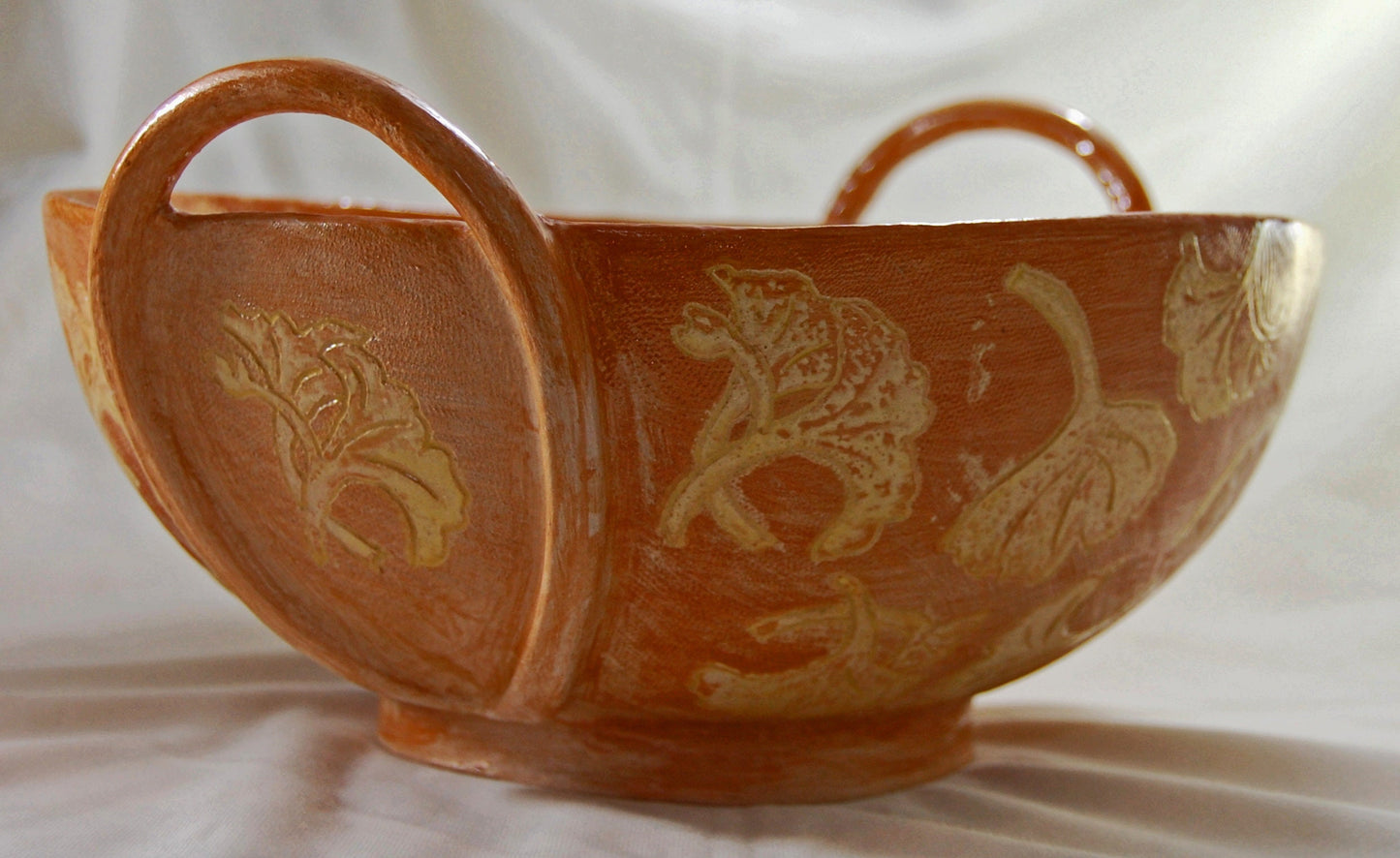 Provencal Ginkgo - Large handmade bowl with sgraffito drawings and added strap handles with a Ginkgo leaf motif. Free shipping US.