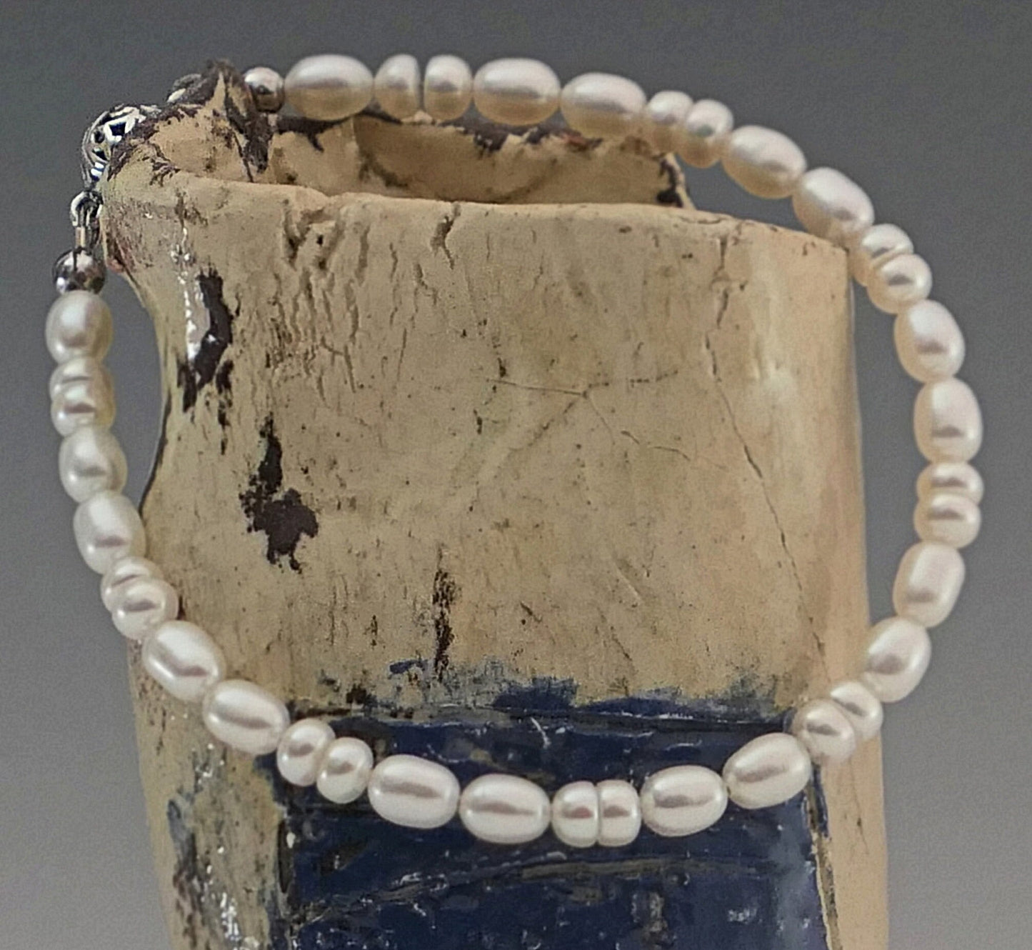 Lucy- Lovely White Freshwater Pearl Bracelet with Oxidized Sterling Silver Filigree Magnetic Clasp.