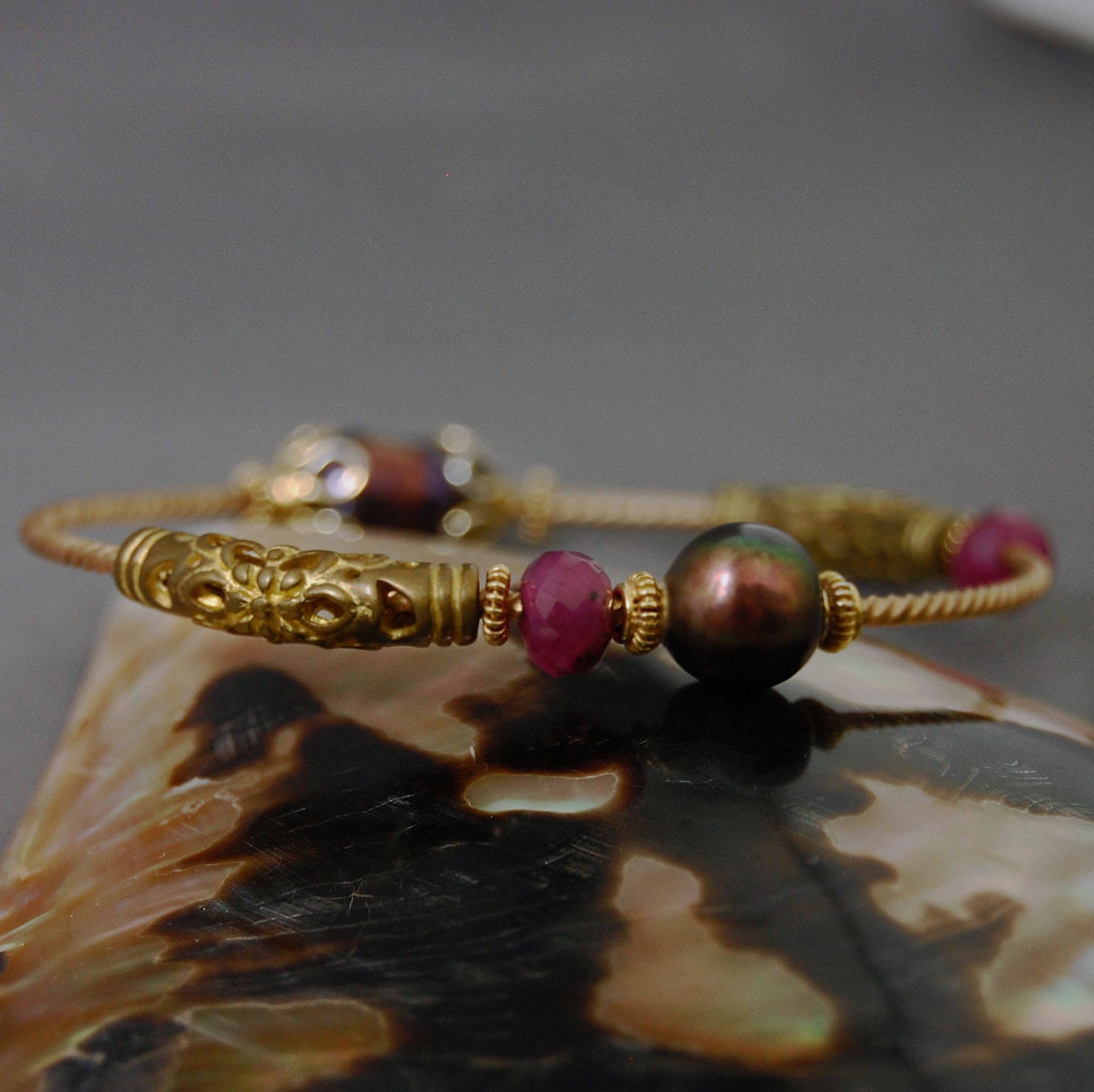 Elspeth - Vintage Pearl Sapphire Bronze Bangle, Peacock Pearls, Pink Sapphires, FREE SHIPPING US