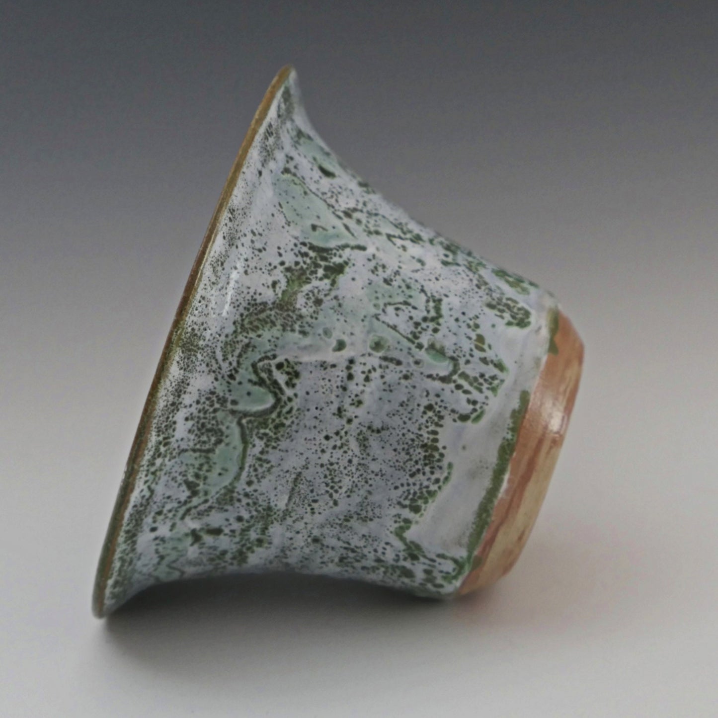 Matcha Latte - Flared Rim Ceramic Bowl, Green and white glazes over marbled red and tan clay. Unique. Free shipping within the US.