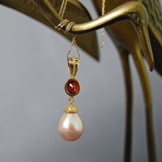 Padma - Large Freshwater Pearl Pendant with Garnet Gemstone Accent, FREE Shipping within the US