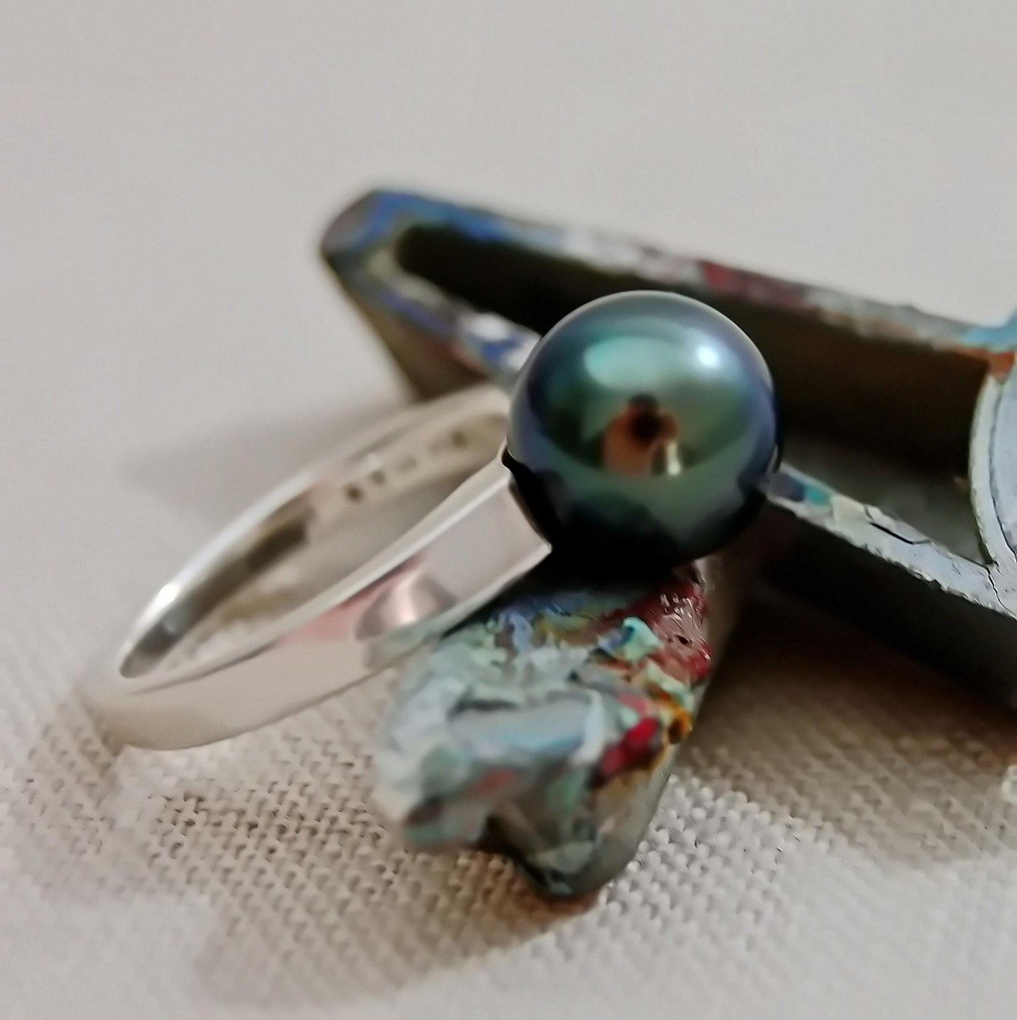 Mai - Elegant Black Tahitian Pearl Ring Set in Solid Sterling Silver with Rhodium Plating, Tarnish Free.  Free Shipping within the US.