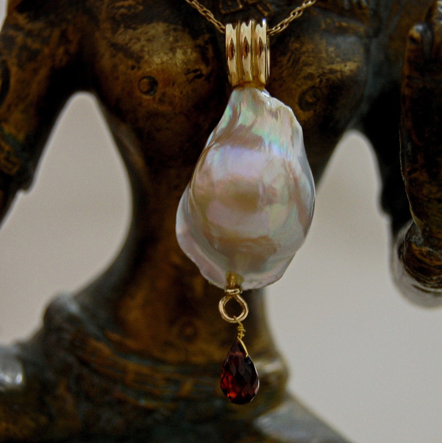 Avalon - 14k Gold Pearl Pendant Necklace with Garnet Accent. FREE SHIPPING US