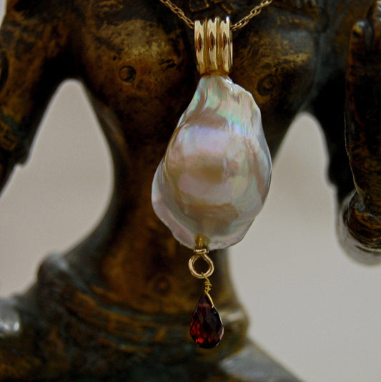 Avalon - 14k Gold Pearl Pendant Necklace with Garnet Accent. FREE SHIPPING US