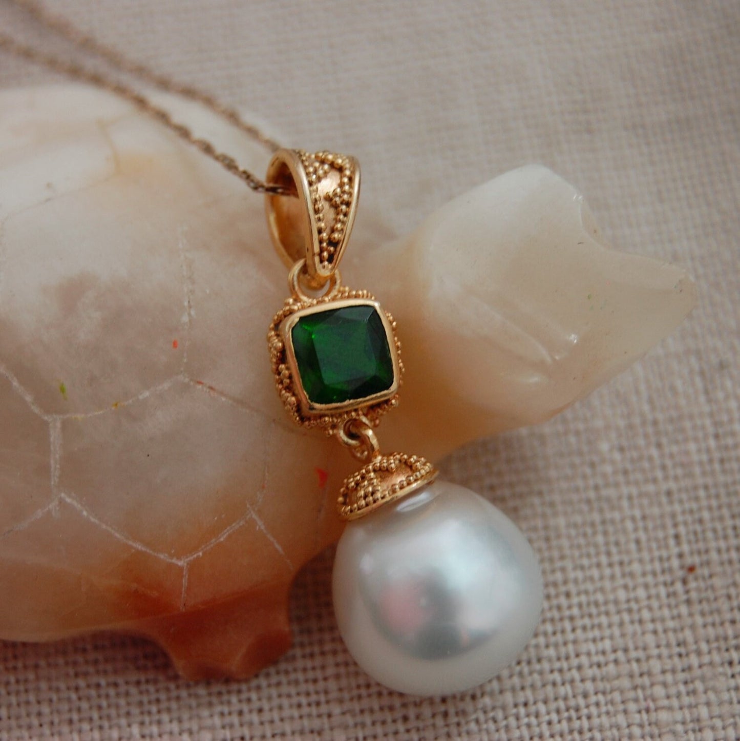 Cariana - South Sea Statement Pearl Pendant with Chrome Diopside Gemstone Accent. FREE SHIP USA