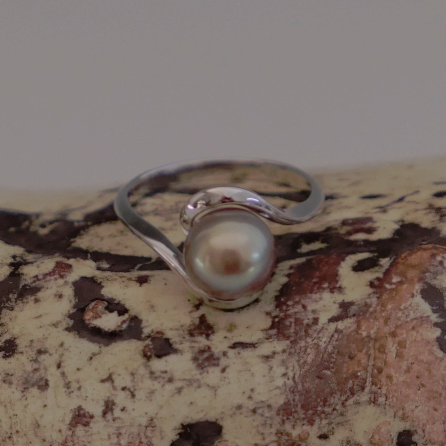 Lakshmi - Freshwater Pearl Engagement or Stacking Ring Set in Solid Sterling Silver. Rare Natural Pewter Gray Color. FREE SHIPPING US