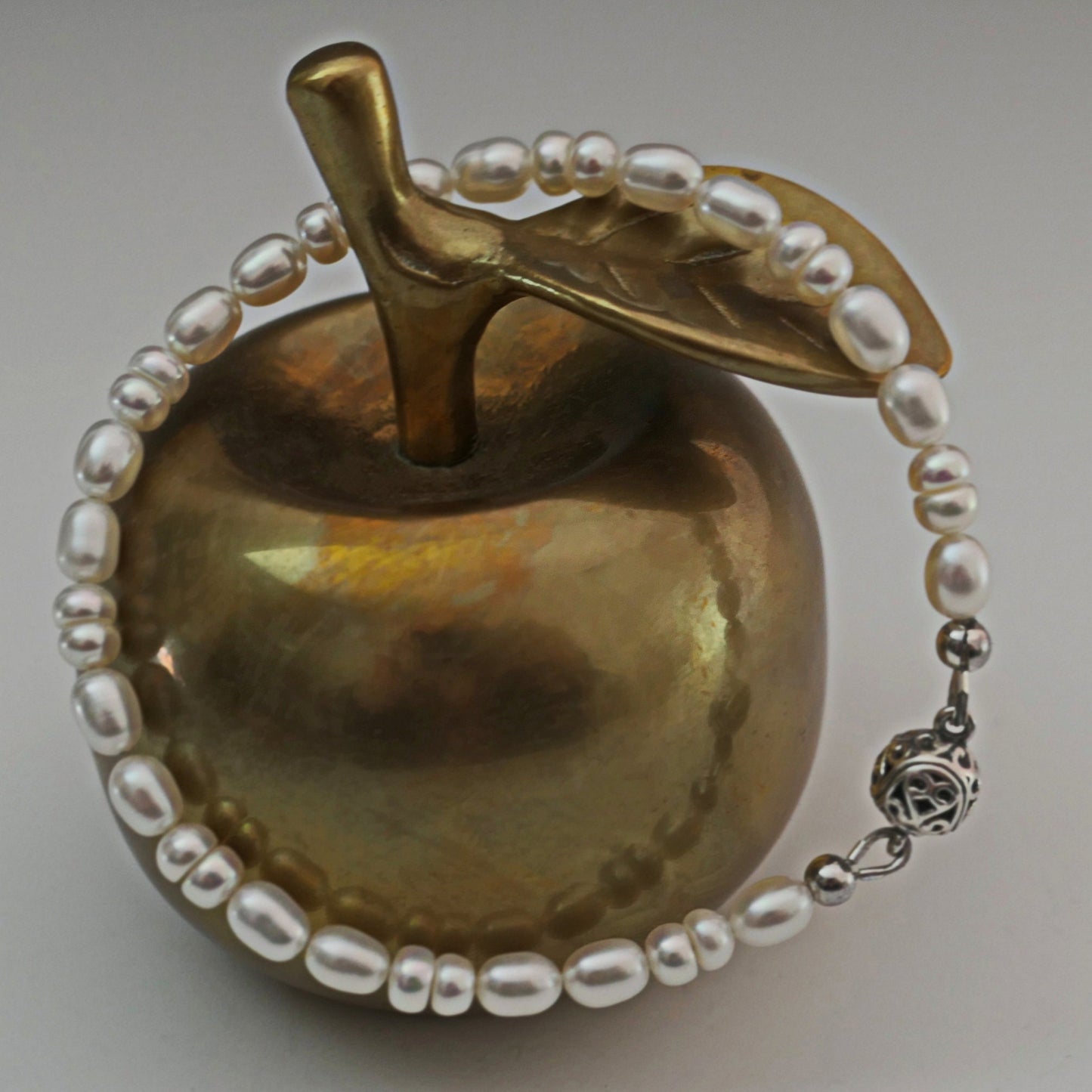 Lucy- Lovely White Freshwater Pearl Bracelet with Oxidized Sterling Silver Filigree Magnetic Clasp.