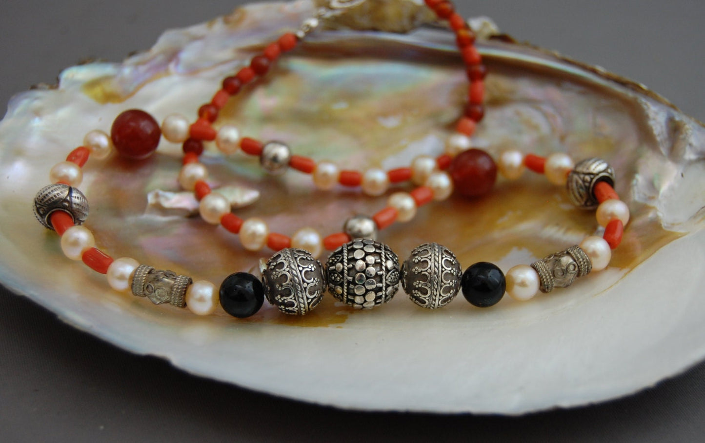 Camilla - Pearl Statement Necklace, Black Onyx, Red Coral, Sterling Silver