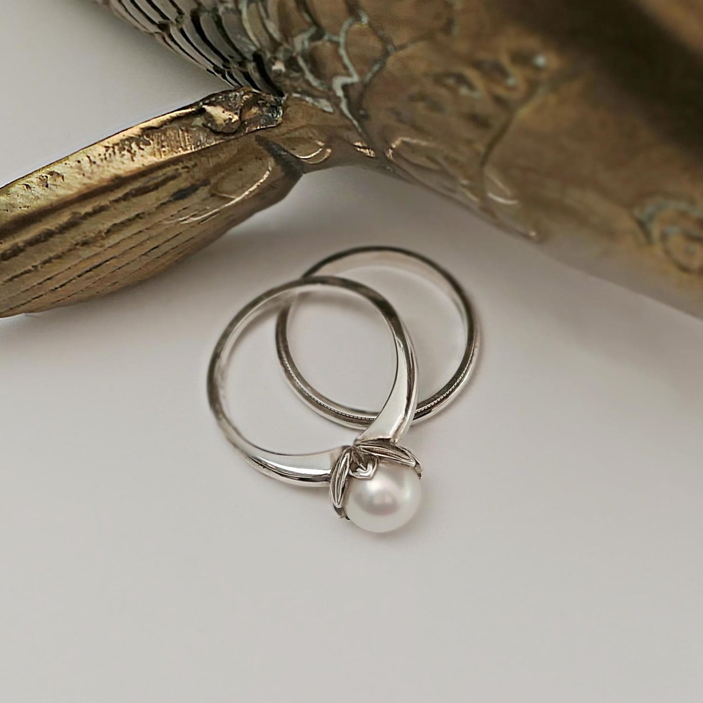 Emma - Pearl Wedding Ring Set in Solid Continuum® Sterling Silver. Free Shipping US.