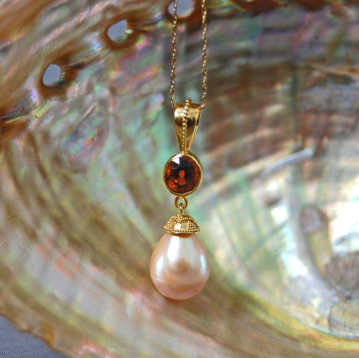 Padma - Large Freshwater Pearl Pendant with Garnet Gemstone Accent, FREE Shipping within the US