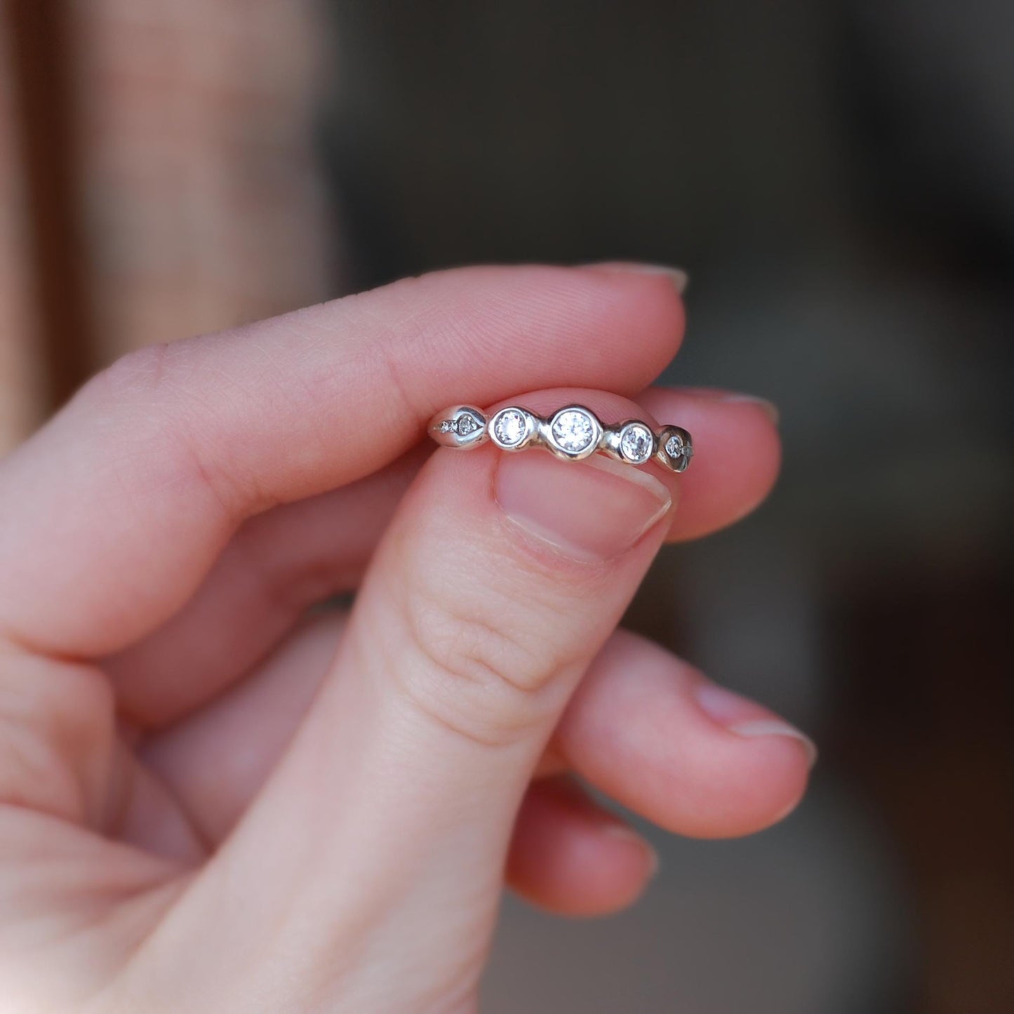 Nora - Delicately Beautiful Three Stone Engagement, Commitment or Stacking Ring with Accent CZ Side Gemstones, Set in Solid Silver.