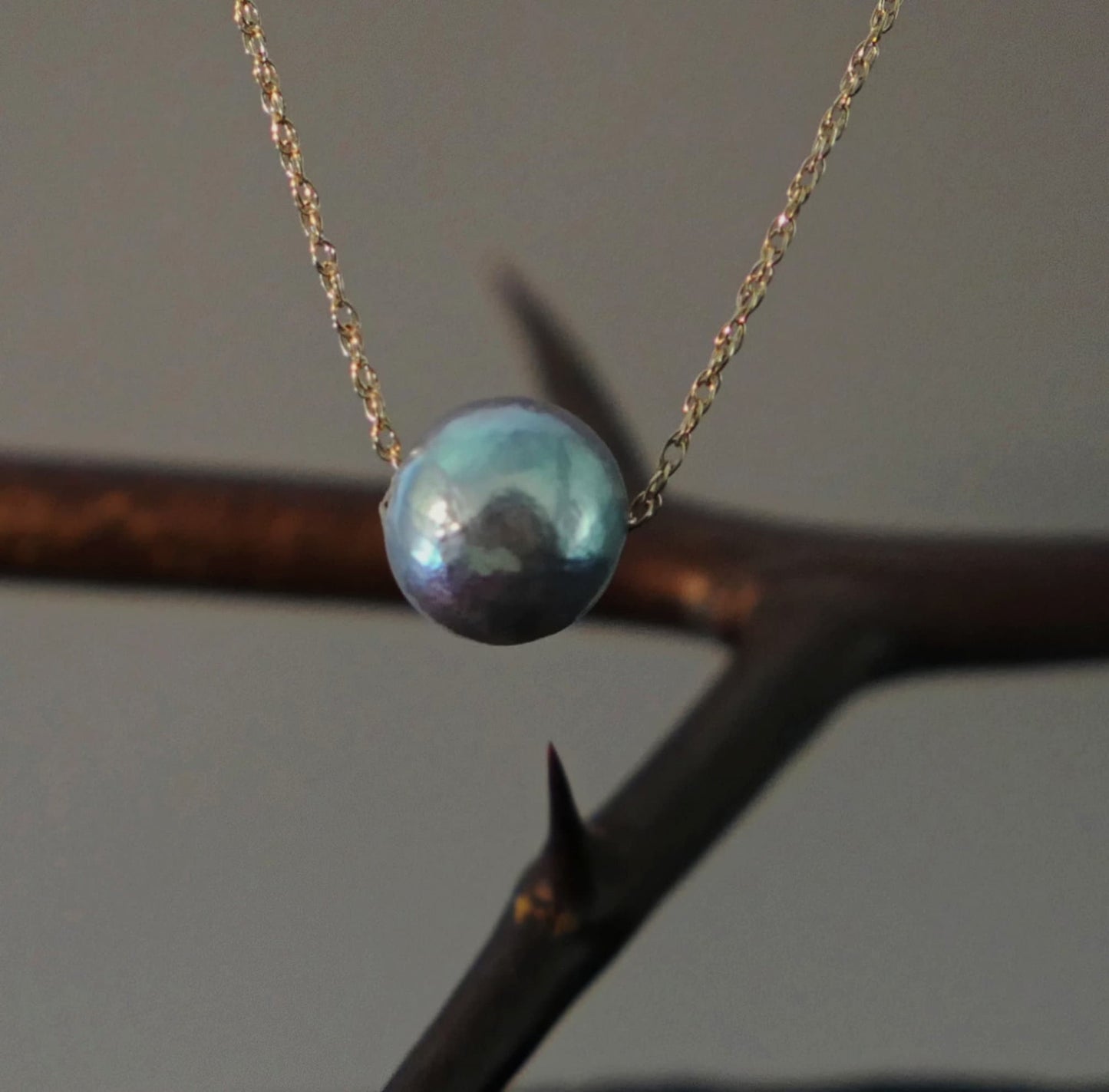 Noelani - Floating Akoya Pearl Pendant Necklace in White or Blue/Gray Set on Solid 14kt Gold Chain. Free Shipping US.