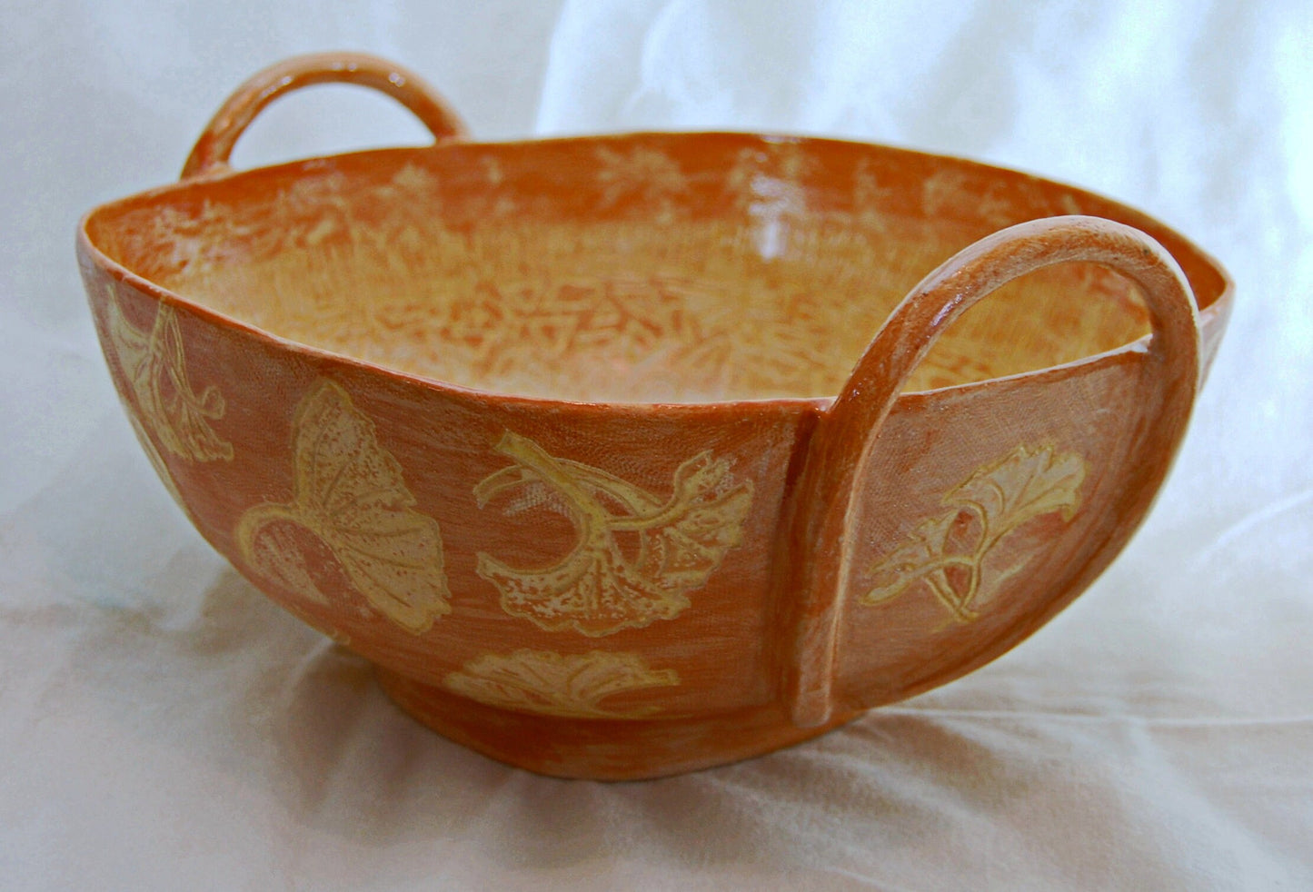 Provencal Ginkgo - Large handmade bowl with sgraffito drawings and added strap handles with a Ginkgo leaf motif. Free shipping US.