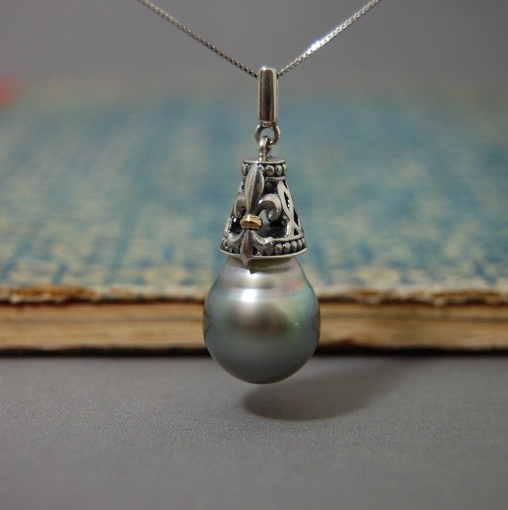 Margaux - Silver Tahitian Pearl Fleur de Lis Pendant, 14kt Gold Accents, Sterling Silver, FREE SHIP US