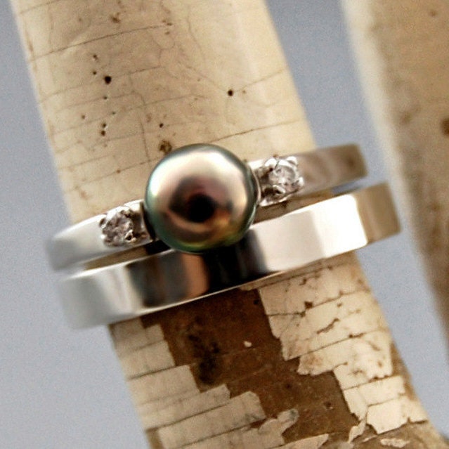 Alisa - Akoya Pearl Engagement Ring, 14kt White Gold, Diamond Accent, FREE SHIP US