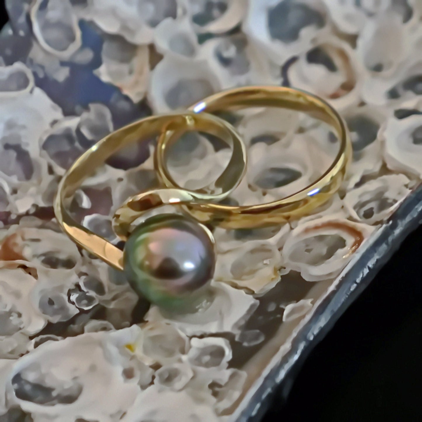 Laxmi - Luxurious Natural Colored Peacock Tahitian Pearl Solitaire Engagement Ring Set in Solid 14kt Yellow Gold. Free Shipping in US