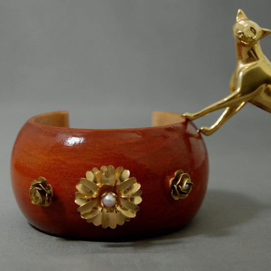 Mari - Wooden Cuff Bracelet, Floral Brass and Pearl Accents, FREE SHIPPING US