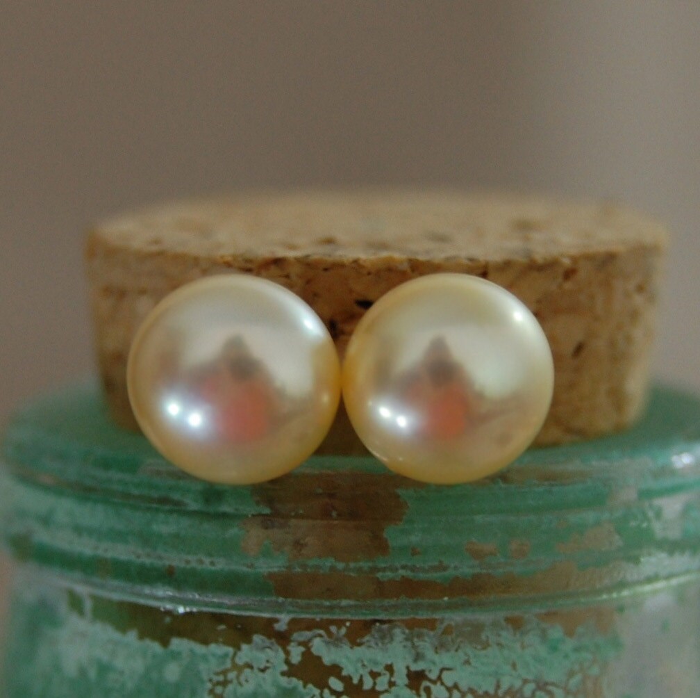 Angela - Pearl Stud Earrings Set in Solid 14k Gold, Free Shipping US