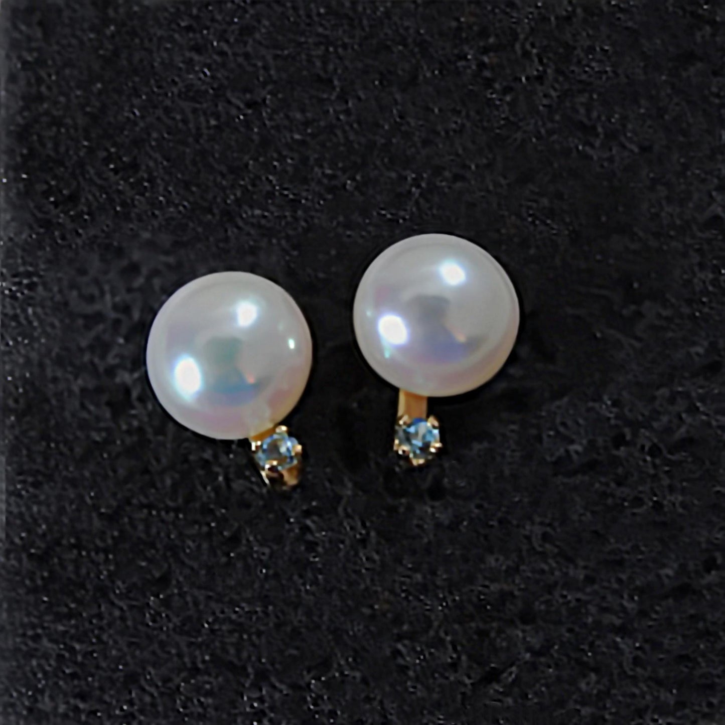 Neiva - Unique Freshwater Pearl Stud Earrings with Aquamarine Accents Set in Solid 14kt Gold, FREE SHIPPING US