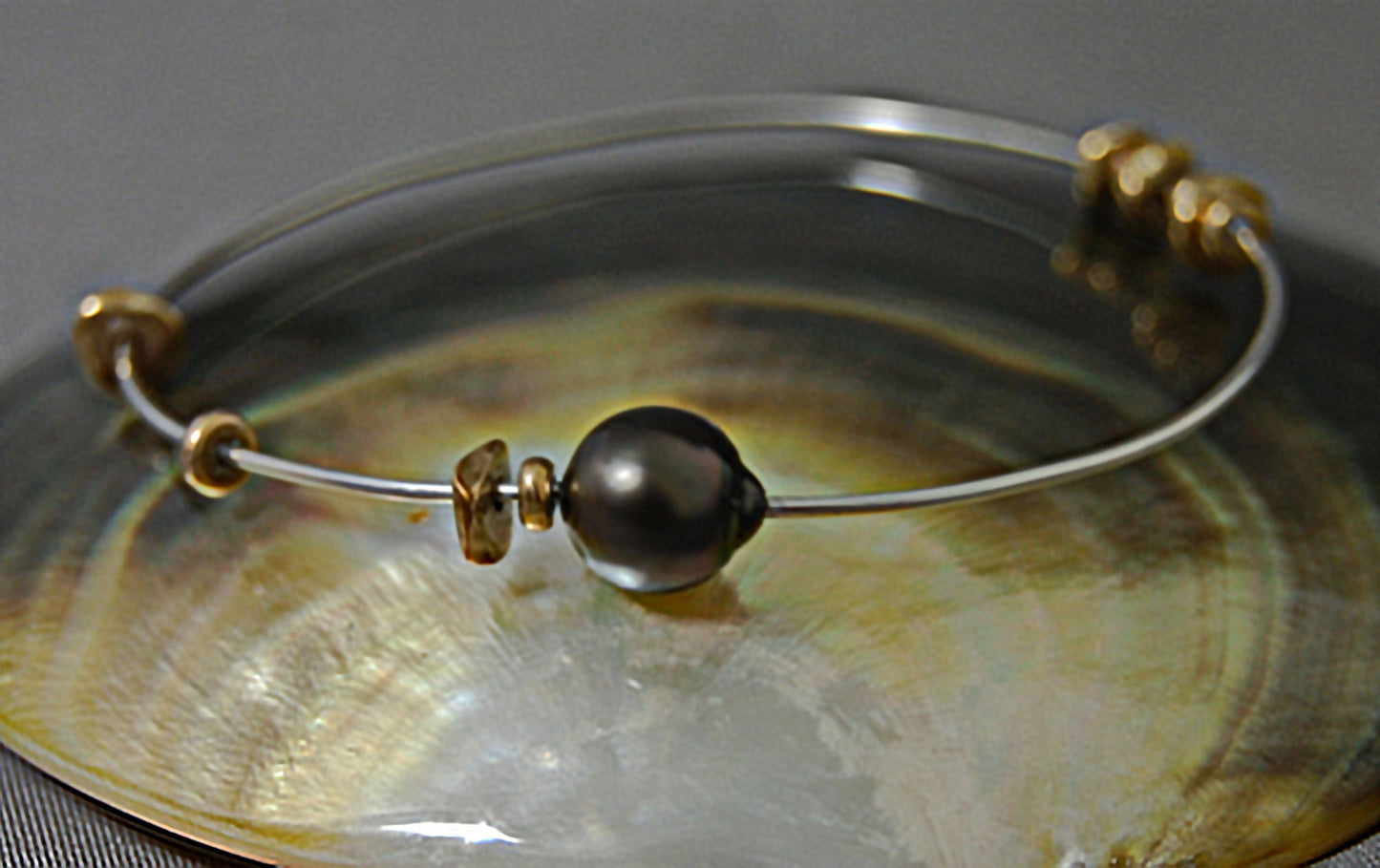 Lilith - Sterling Silver & Tahitian Pearl Bangle Bracelet with African Brass Beads. Free Shipping US.