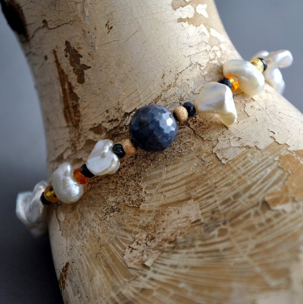Terzah- Boho Keshi Pearl and Sapphire Bracelet with Detailed Scarab Beetle Charm. FREE SHIP US