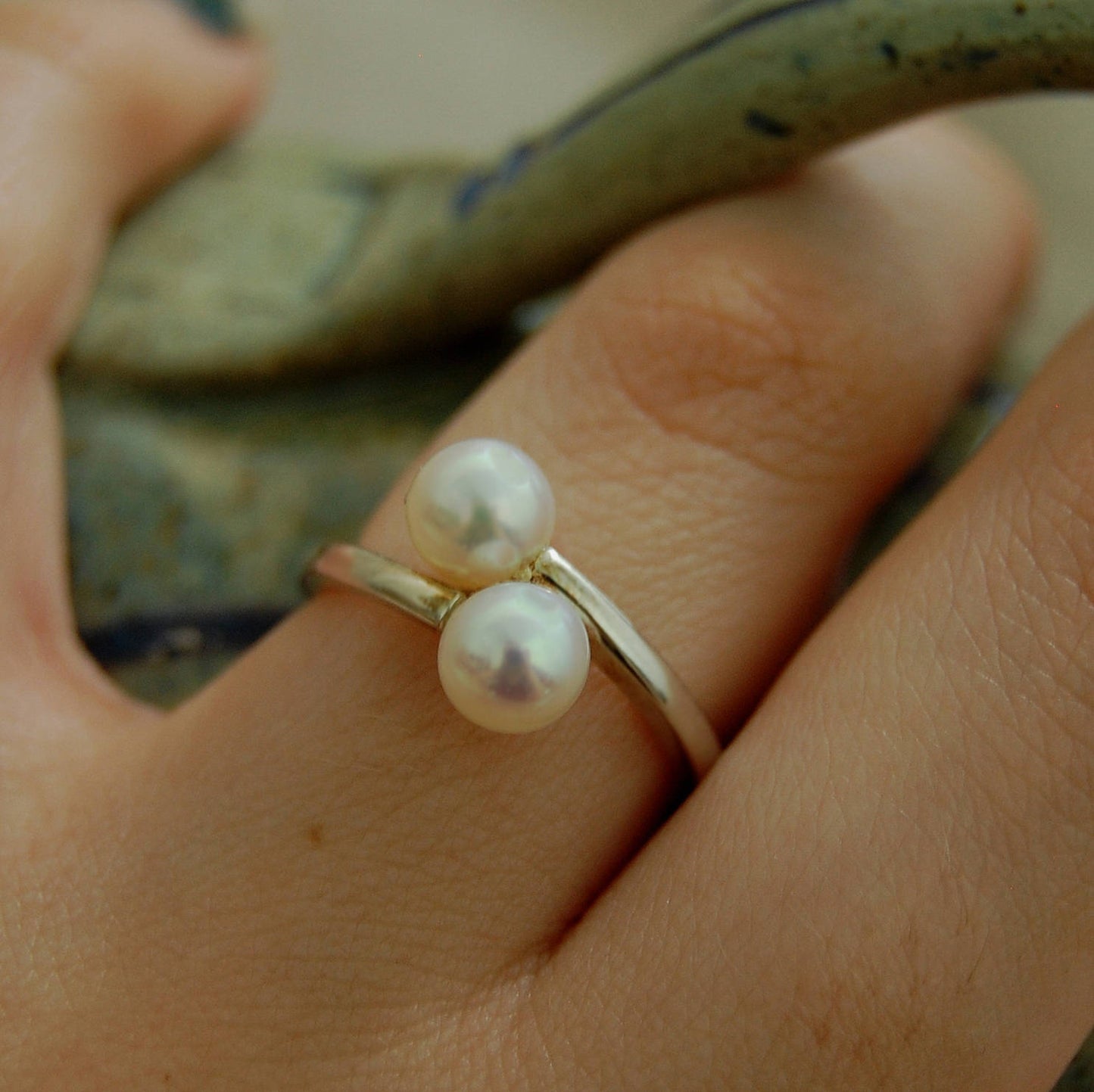 Kumiko - Pearl Ring, Double Pearl Ring Set in Easy Care Continuum® Silver, FREE SHIP US.