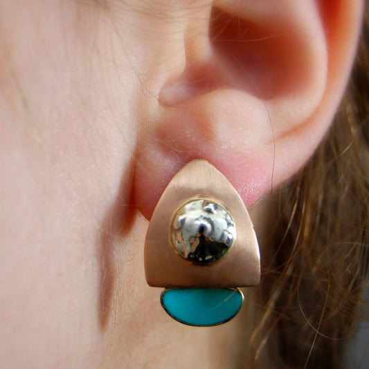 Dawn Jumps Up - Handmade Modernist Stud Earrings, Rose / Yellow / White Gold, Turquoise Gemstones