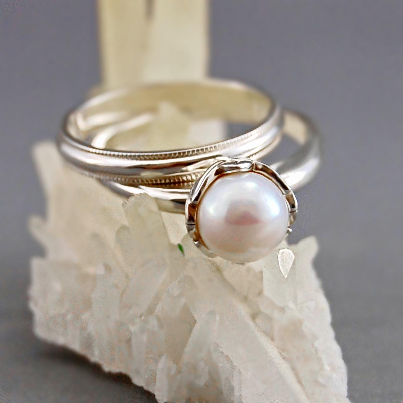 Emma - Pearl Wedding Ring Set in Solid Continuum® Sterling Silver. Free Shipping US.