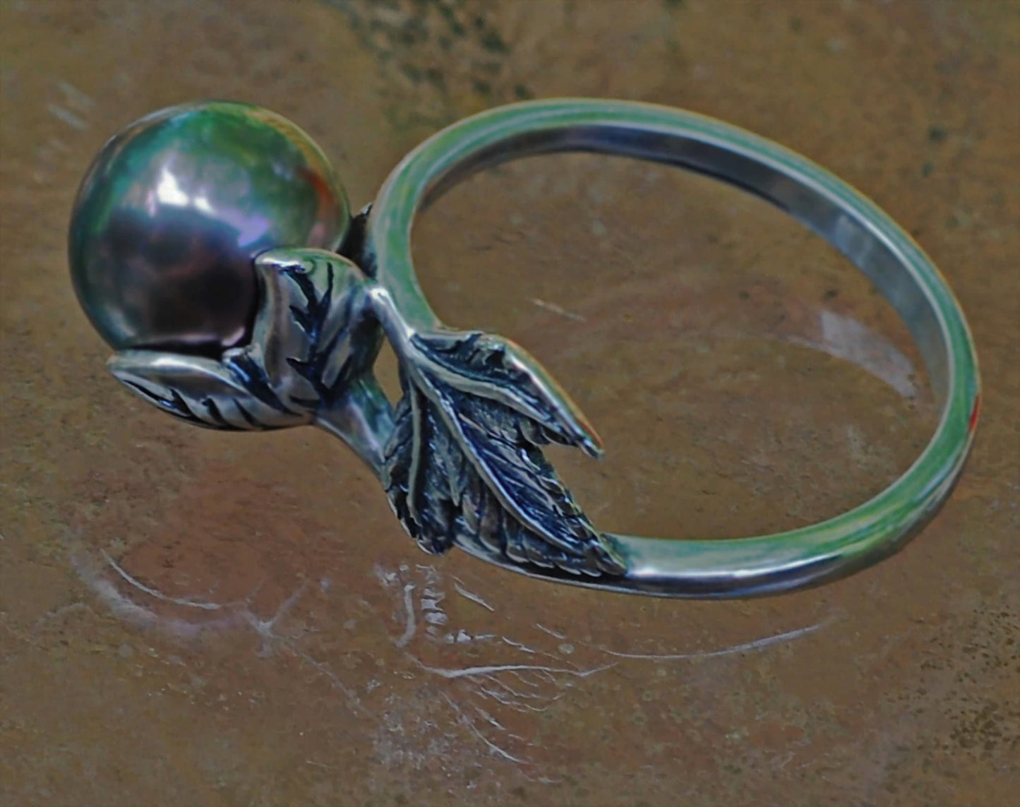 Camellia - Pearl Solitaire Ring Features a Rare Tahitian Pearl Set in Solid Sterling Silver, FREE SHIPPING US