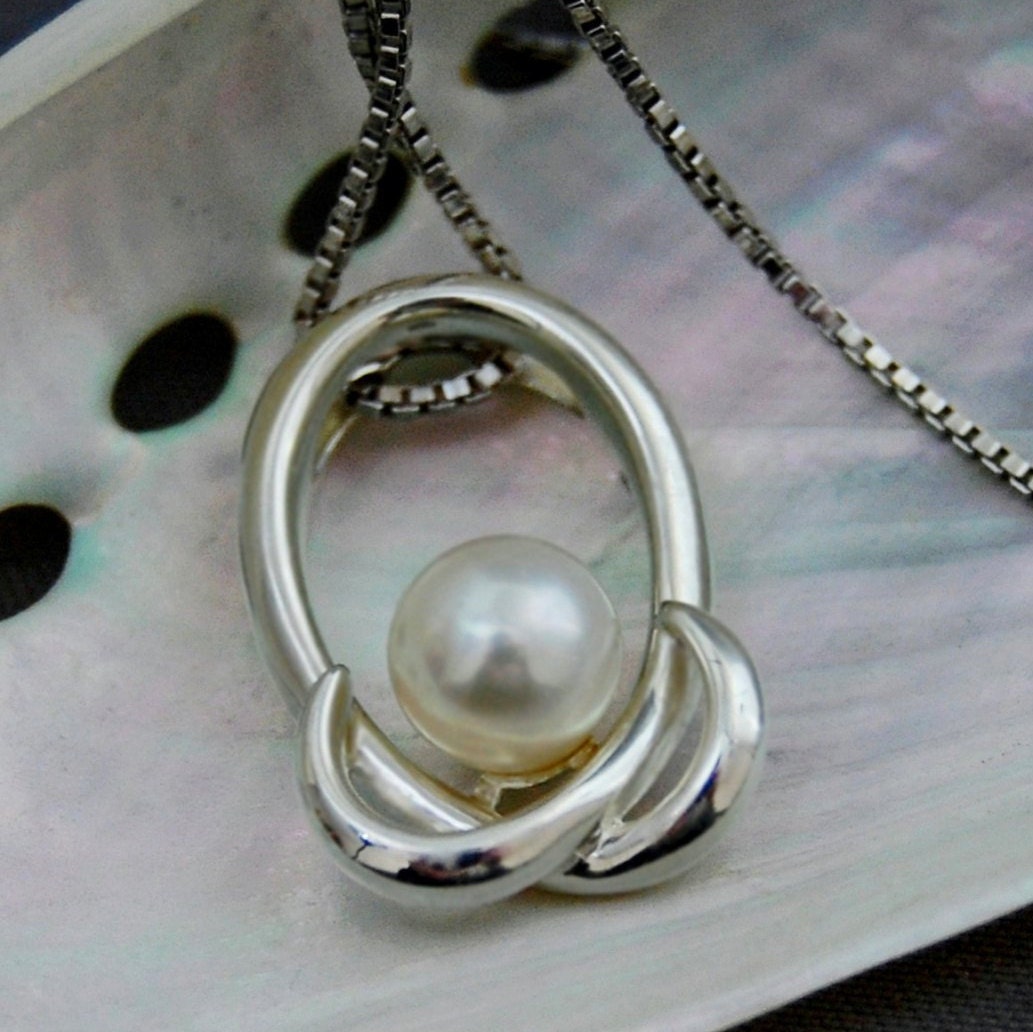 Kalli - Pearl Pendant Necklace Set in Rhodium Plated Sterling Silver, FREE SHIPPING US