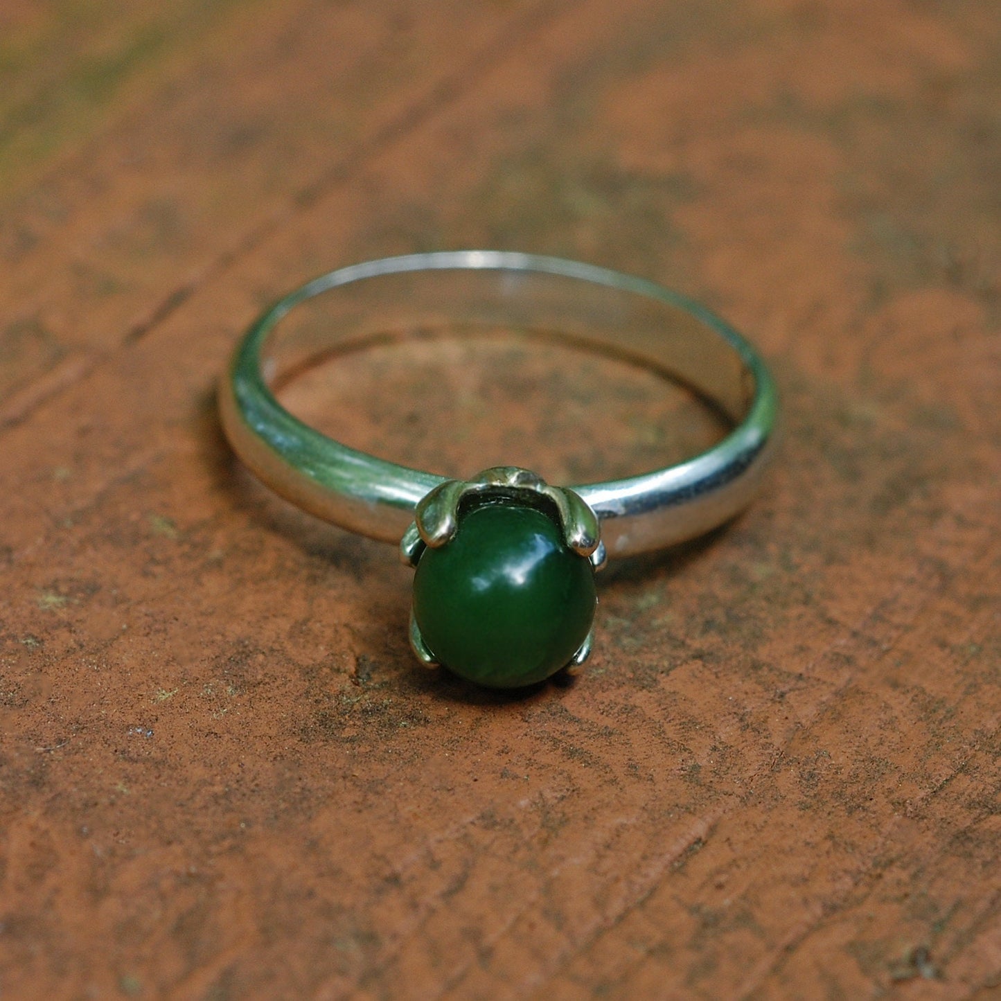 Allena - Solitaire Ring; Nephrite Jade; Dark Green Jade; Argentium® Sterling Silver