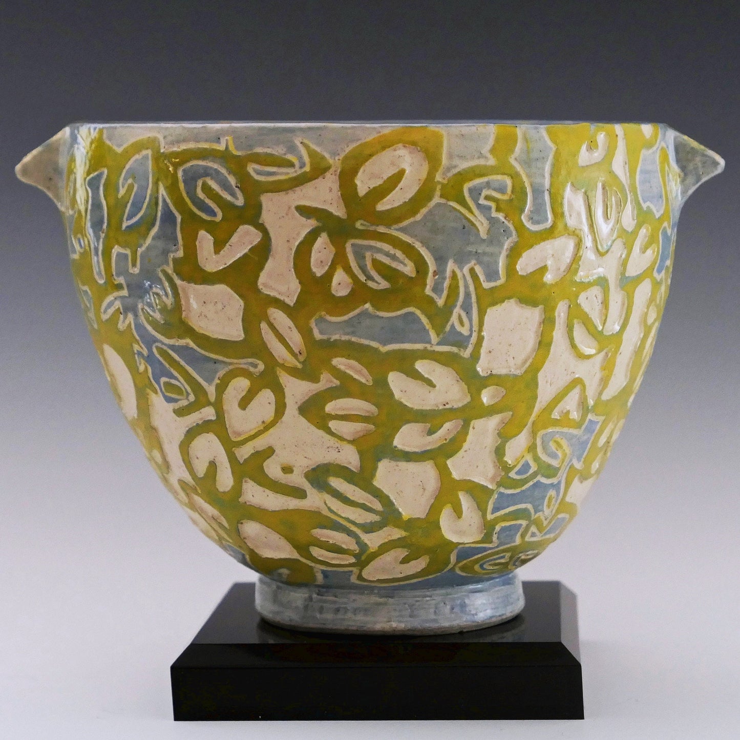 Shade Patterns - Ceramic Bowl hand carved with leaf patterns in blue and yellow.Food safe. FREE SHIPPING US.