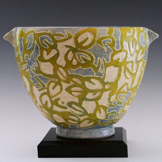 Shade Patterns - Ceramic Bowl hand carved with leaf patterns in blue and yellow.Food safe. FREE SHIPPING US.
