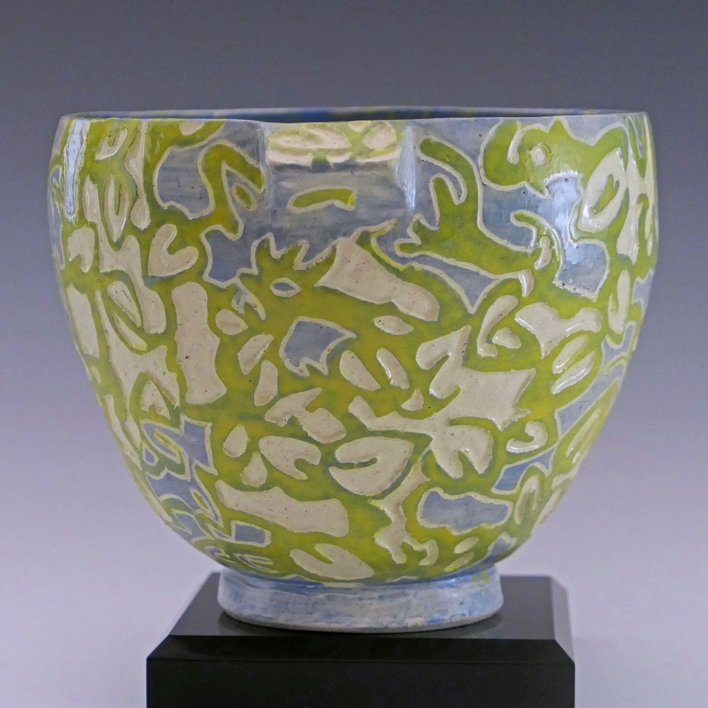 Shade Patterns - Ceramic Bowl hand carved with leaf patterns in blue and yellow.Food safe. FREE SHIPPING US.