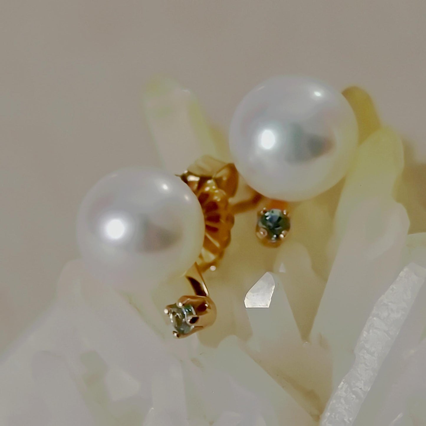 Neiva - Unique Freshwater Pearl Stud Earrings with Aquamarine Accents Set in Solid 14kt Gold, FREE SHIPPING US
